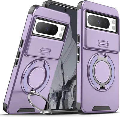 Image de Etui double couche pour Goolge Pixel 8 Pro, avec couvercle coulissant pour l'appareil photo et support magnétique pour anneau Violet