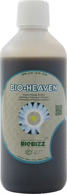 A bottle of BioBizz Bio-Heaven liquid fertilizer against a white background.