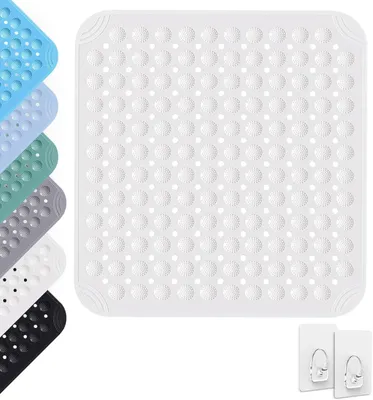 Productafbeelding van Douchemat - 80 x 80 cm - Antislipmat met zuignappen - Vierkante douchemat met 2 haken - Slipmat van PVC met afvoergaten - Massage antislipmat