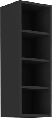 A black, open-fronted tall cabinet with four shelves.
