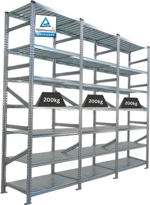 Produktbild von Fachbodenregal PROXIMO mit  Stecksystem | Komplettregal | HxBxT 250x270x60cm | 7 Ebenen | Beidseitig nutzbar | Verzinkt
