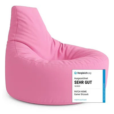A pink beanbag chair with a label indicating a product review.