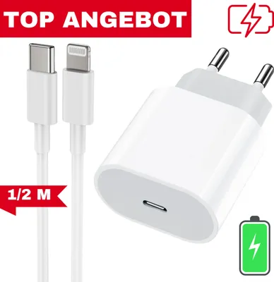 A white USB-C to Lightning charging cable and a white USB-C power adapter are shown against a white background. Text overlays indicate a special offer and product details.