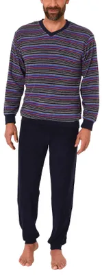 Produktbild von Edler Herren Frottee Schlafanzug Pyjama mit Bündchen in Streifenoptik - 291 101 13 580 ; marine , 48
