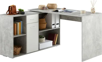 Produktbild von CARO-Möbel Eckschreibtisch DIEGO, L-Form, Betonoptik/weiß, mit Regal, Ablagefach, Homeoffice, Spanplatte mit Melaminharzbeschichtung, 120 x 75 x 122 cm (B x H x T)