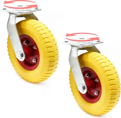 Produktbild von Wiltec Lenkrollen Set 2x Ø220mm Transportrolle 58mm breit bis 100kg pro Rad gelb aus Vollmaterial mit schwingender Halterung, pannensicher, leiser Lauf
