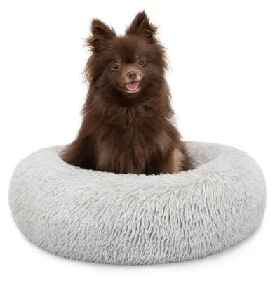 Immagine prodotto di lionto Donut dog bed, divano rotondo per cani con rivestimento in peluche e borchie antiscivolo, morbido e accogliente, diametro 40 cm, grigio chiaro