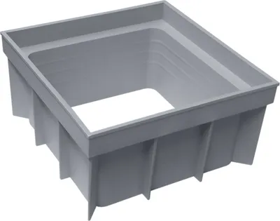 A gray plastic drainage system component shown from a three-quarter angle against a white background.