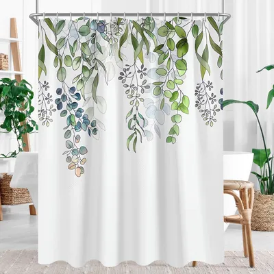 Obrázek produktu pro Závěs do sprchy 150x200 cm, zelený, s motivem listů, s protihříbkovou úpravou, voděodolný, omyvatelný, vyrobený z polyesteru, s oky a 10 kroužky