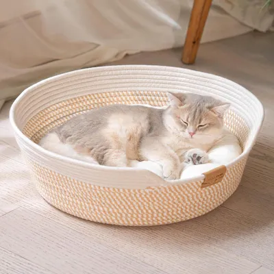 Image de Lit pour chat avec coussin, 47 cm, lavable, en corde de coton, blanc