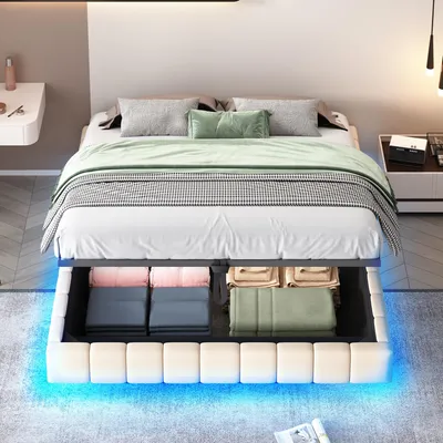 Zdjęcie produktu dla Łóżko tapicerowane Zerbaco, podwójne, 160x200 cm, z pojemnikiem na pościel, z podnoszeniem hydraulicznym, z oświetleniem LED, obite tkaniną lnianą, kolor beżowy, bez zagłówka