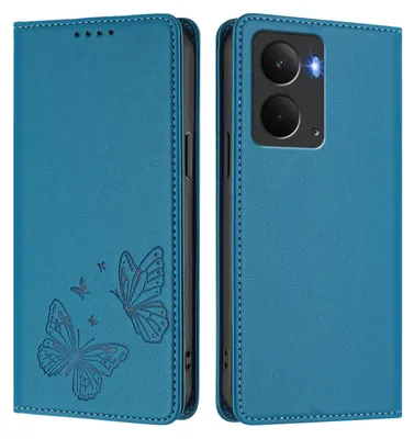 Image de Étui en cuir pour Realme 14 5G, étui de protection type portefeuille en cuir gaufré motif papillon avec support, bleu