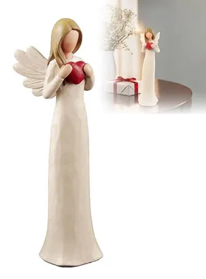Produktbild von Schutzengel Figur 19 cm aus Kunstharz – Engelfigur mit rotem Herz, Dekofigur für Heimdekoration, Geschenk zu Weihnachten, Hochzeit, Thanksgiving