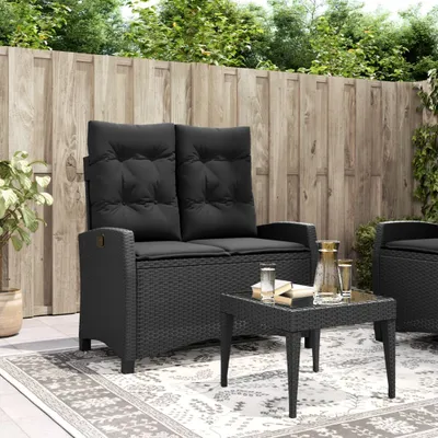 Produktbild von Design Gartenbank Verstellbar mit Kissen Schwarz Poly Rattan, Gartenbänke 2024 Neu