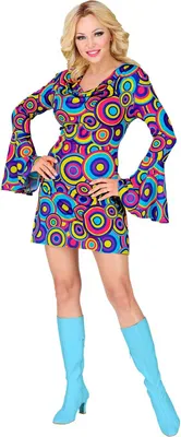 Produktbild von Groovy 70er Jahre Kleid Trompetenärmel Gr. S bis XL - Minikleid Bubbles blau M