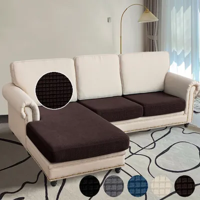 Produktbild von Sofa Überzug Jacquard Kariert L-förmig Sofa mit 2 Einzelsitz und 1 Chaiselongue, Sofa Bezug Gummiband rutschfest, Sitzkissen Bezug Elastisch Braun