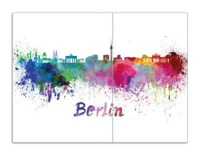 Produktbild von Wallario Herdabdeckplatte aus Glas, Größe 70 x 52 cm 2-teilig, Motiv Städte als Aquarell - Skyline von Berlin
