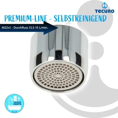 Produktbild von tecuro Selbstreinigende PREMIUM Strahlregler Luftsprudler M22x1 IG, Durchflussklasse A: 13,5 - 15,0 l/min, verchromt