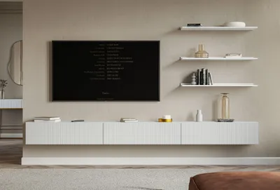 Produktbild von Selsey Veldio – TV-Lowboard hängend mit geriffelten Fronten, 300 cm, weiß