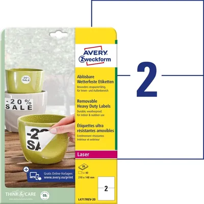 Obrázok produktu pre Avery L4717REV-20, Biela, Obdĺžnik, Permanentný, 2 kusov, 20 listy, -20 - 80 °C