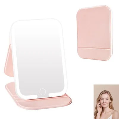 Produktbild von LED Reise-Make-up Spiegel, Aufladbar Tischspiegel, 3-Farb-Licht, Dimmbare Touch-Steuerung, Faltbar, Einstellbarer Winkel, Rutschfeste Basis, Pink
