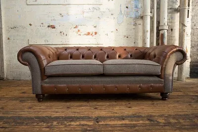Obrázek produktu pro Hnědá kožená pohovka Chesterfield, třísedák, čalouněná, sada pohovek