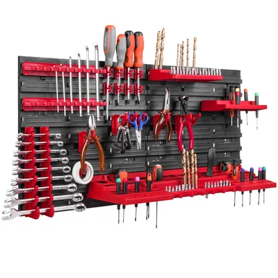 Produktbild von botle Werkstattwandregal Steckregal, erweiterbar, 78x39 cm, inkl. Schüttenregal mit Sichtlagerkästen, 2 extra starke Wandplatten, universelle Werkzeughalterungen, Kunststoff, Rot, für Profi & Heimwerker