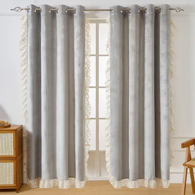 Produktbild von 2er Set Samtvorhang Ösen mit Rüschen, Samt Verdunkelungsvorhang, Grau 132x241cm