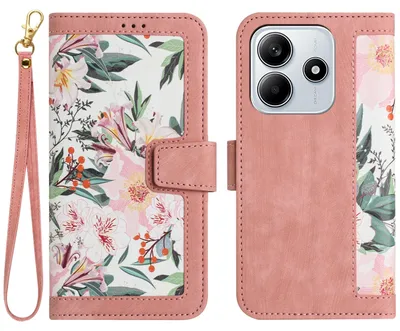 Obrázok produktu pre Pre Xiaomi Redmi Note 14 5G Syntetická koža peňaženka mobilný telefón puzdro Floral Design puzdro Pink