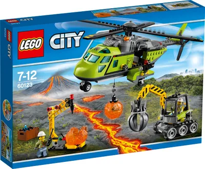LEGO City volcano-themed playset packaging showing a helicopter, excavator, and volcano scene.