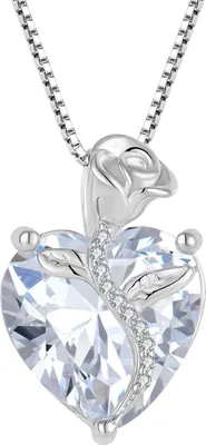 Produktbild von FJ Herz Kette Damen 925 Sterling Silber Geburtsstein Anhänger Rose Blume Zirkonia