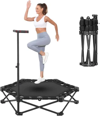 Imagen del producto de Trampolín de fitness plegable, con un diámetro de 110 cm, barra ajustable, capacidad de hasta 204 kg, ideal para entrenamiento cardiovascular