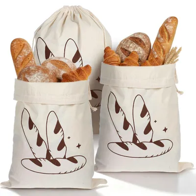 Produktbild von Brotbeutel aus Leinen - 3 Stück wiederverwendbar mit Kordelzug - Zur Aufbewahrung von Brot Obst und Gemüse - 40 x 30 cm