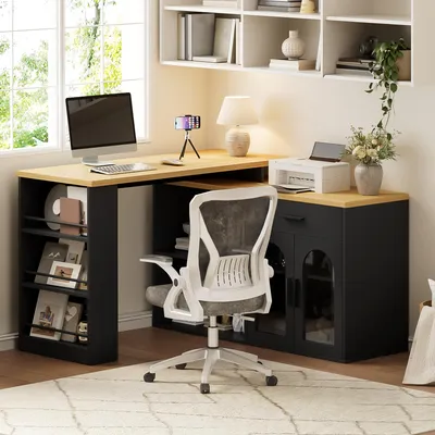 Obrázek produktu pro Kuchyňský ostrůvek o rozměrech 136x50x78 cm vyrobený z MDF v černé barvě s dekorativním povrchem imitujícím dubové dřevo, s otočnou pracovní deskou o 360 stupňů a úložným prostorem vhodným pro kuchyň i jídelnu