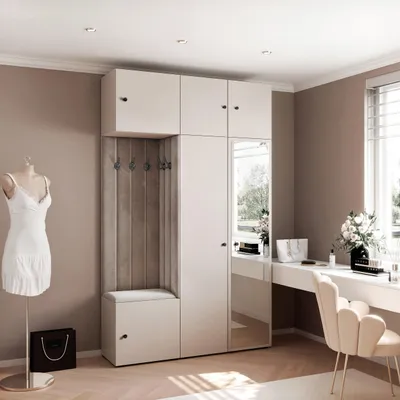 Produktbild von Garderobe ARIA 7 146 cm Kaschmir Gepolstert Mausgrau mit Spiegel Soft-Close Knopfgriffe Schwarz