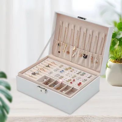 Produktbild von Jiubiaz Schmuckkästchen, Schmuckschatulle mit 2 Ebenen,Schmuckkasten , für Halsketten, Ringe, Armbänder, Ohrringe, Weiß