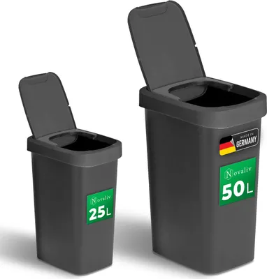 Produktbild von Novaliv Mülleimer-Set 25L + 50L, Abfalleimer mit 2in1 Deckel, Klappdeckel & Schwingdeckel, Anti-Geruch Mülleimer für Küche Haushalt Büro, Müll Eimer Abfall Trash Kunststoff Abfallbehälter