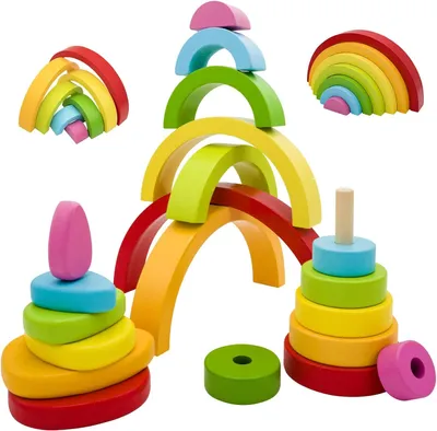 Produktbild von Montessori-Spielzeug, 3-teilig – Stapelbares Holzspielzeug – Regenbogen-Motorikspielzeug – Bauklötze von Grimm – Ab 1 Jahr