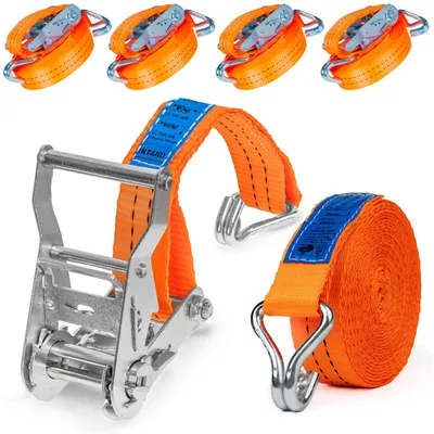 Zdjęcie produktu dla Pasy napinające z mechanizmem regulacyjnym i haczykami, zestaw 4 sztuk - udźwig 2000 kg - szerokość 35 mm - do transportu i motocykli (pomarańczowe, 6 metrów)