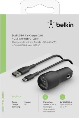 Immagine prodotto di Belkin BOOST CHARGE Dual Charger - Alimentatore da auto - 24 Watt - 4,8 A - 2 porte di uscita (USB) - su cavo: USB-C