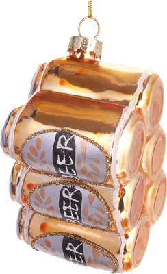 A glass ornament shaped like a six-pack of beer cans, hanging from a gold string.