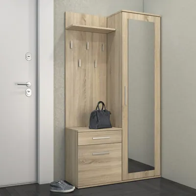 Produktbild von Fiora Garderoben-Set 3-teilig modern Sonoma mit Garderobenschrank, Paneel, Schuhschrank und Spiegel, Breite: 120 cm, Höhe: 180 cm, Tiefe: 35 cm, aus 16mm laminierter Spanplatte mit ABS-Kante, links oder rechts montierbar.