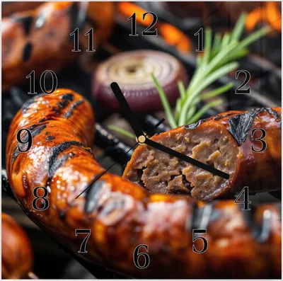 Produktbild von Wanduhr aus Glas mit Motiv Grillwurst B B Q- 30 x 30 cm - inkl. Aufhängesystem