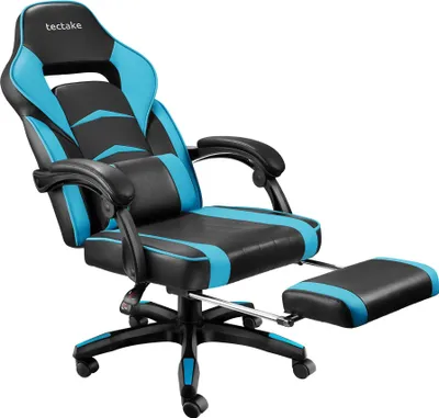 A gaming chair with a footrest and adjustable backrest is shown against a white background.
