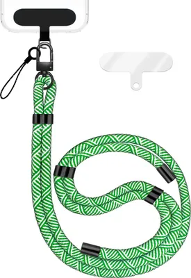 Produktbild von HoldMe Edition - Lanyard mit Karabiner Schwarz & 2 Pads - Universal Handykette Nylon Umhänge Band -  Grün Weiß