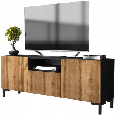 Zdjęcie produktu dla szafka rtv loft pod telewizor 150 cm czarny mat + dąb wotan na nóżkach