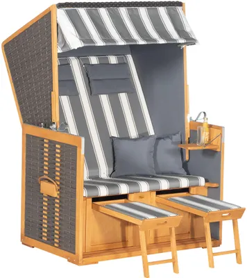 Produktbild von Gartenstrandkorb 10 Z 2-Sitzer Halbliegem. Nordseeform z. Selbstaufbau, Geflecht vintage-braun, Strukturpolyester gestreift, Pinienholz teakfb.geb.