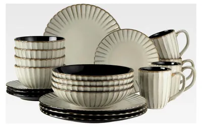 Produktbild von Confino Geschirrset für 4 Personen im modernen Vintage-Stil, 20-teiliges Kombiservice aus Keramik in Beige mit schwarzen Akzenten
