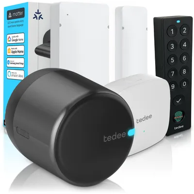 Obrázok produktu pre Tedee GO2 Alu s Bridge, Keypad PRO a senzorom dverí – Inteligentný zámok na dvere, WiFi, odtlačok prsta, vzdialený prístup | Matter, Apple HomeKit