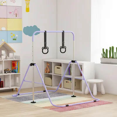 Produktbild von klappbar höhenverstellbar, Kinder-Turnbarren mit Ringen, Gymnastikreck, Violett  |  rutschfeste Füße  |  Stahlrahmen  |  148x105x88–128 cm